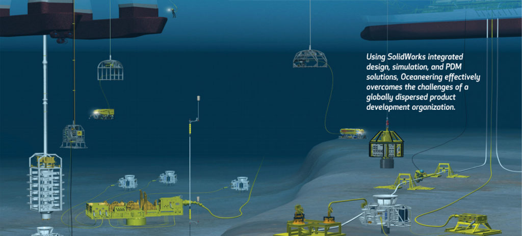 Oceaneering International, Inc. เป็นผู้ผลิตและออกแบบผลิตภัณฑ์ทางวิศวกรรมที่หลากหลายในต่างประเทศ รวมไปถึง ยานพาหนะบังคับจากระยะไกล (ROVs), mobile offshore production systems และการสร้างฮาร์ดแวร์พิเศษที่ทำงานใต้ทะเลตามคำสั่งซื้อ ด้วยแผนก Deepwater Technical Solutions (DTS) บริษัท ฯ พยายามที่จะเพิ่มกำไรจากการผลิตโดยการเพิ่มระบบ product data management (PDM) เข้าไปใน SolidWorks 3D และ simulation